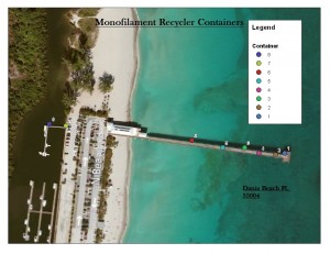 Monofilament recycling on the Dania pier. GIS map shows the location of the stations.